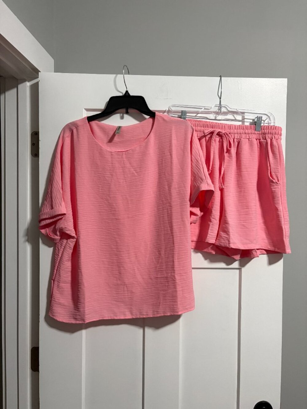 Zenana Pink Crinkle Comfort Lightweight Matching Pink Shorts set Blouse sz L NEW
